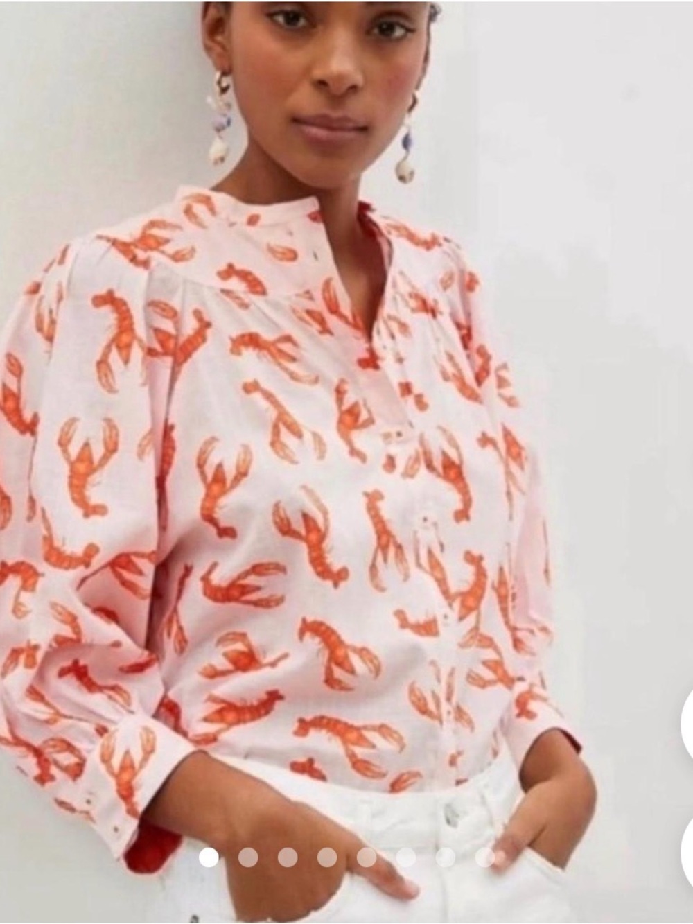 Anthropologie Maeve Lobster Print Blouse 1X Coastal Button Down collarless - Picture 2 of 8